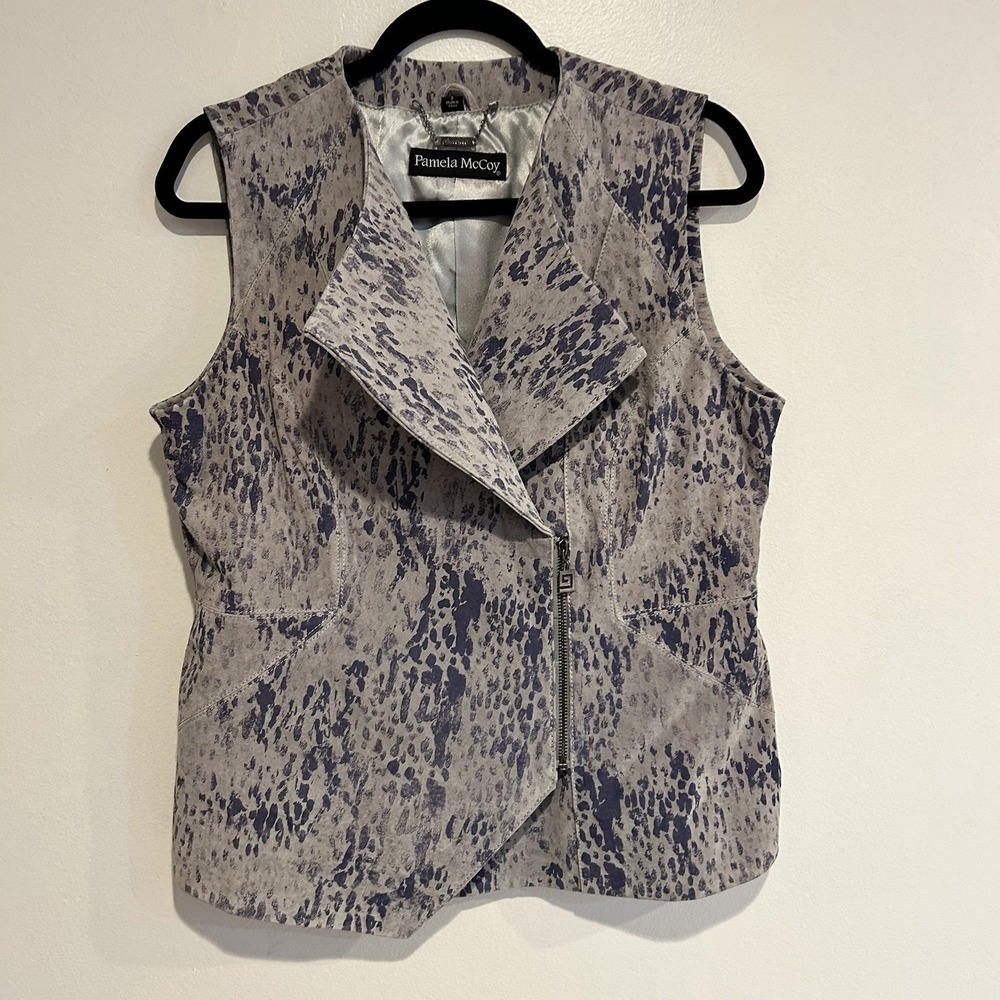Pamela McCoy Women's 109% Leather Vest Grey/Purple Splatter Print Design Size S